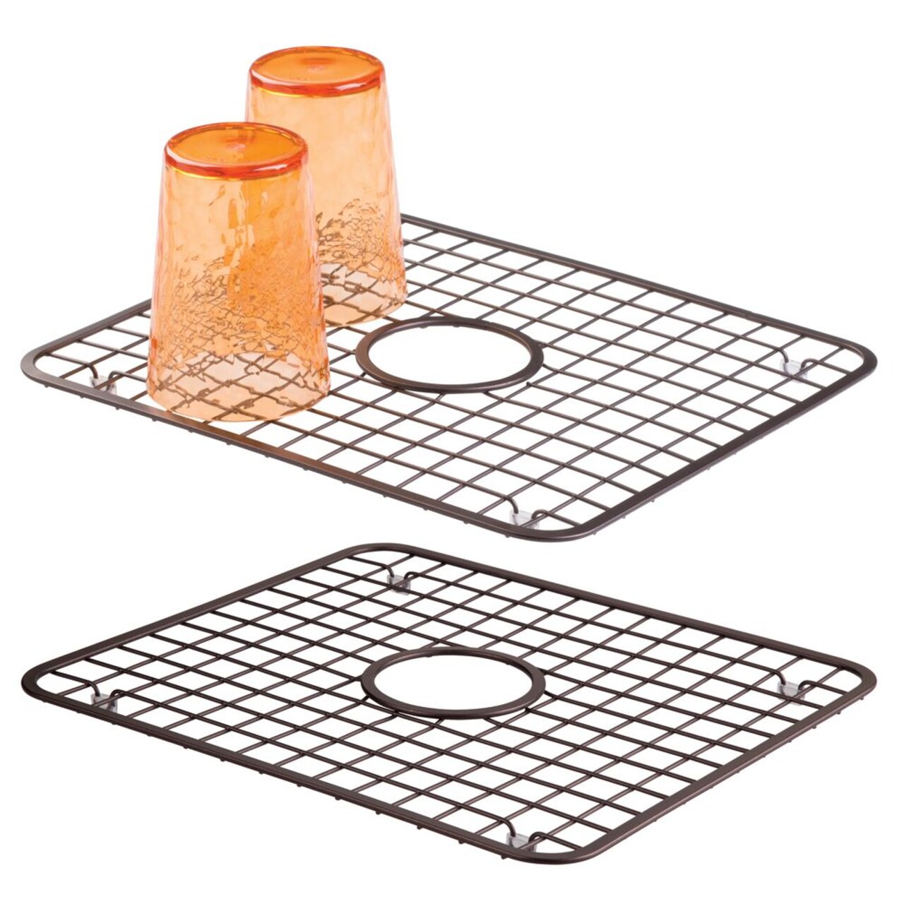 mDesign Kitchen Sink Dish Drying Rack / Mat with Drain Hole, 2 Pack - Bronze